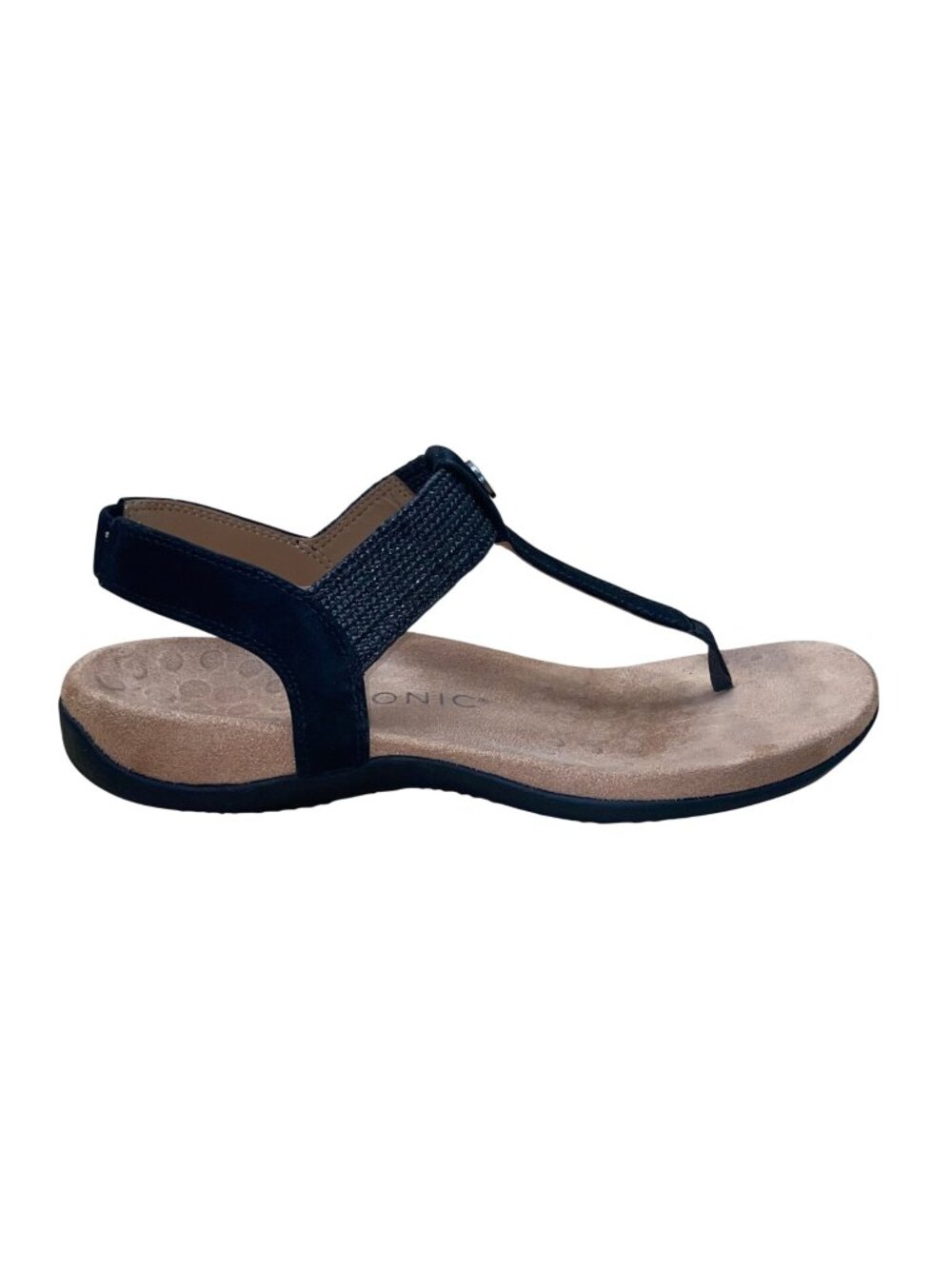 Vionic Women’s Black Faux Leather Elastic Thong  Brea Sandals Size 8